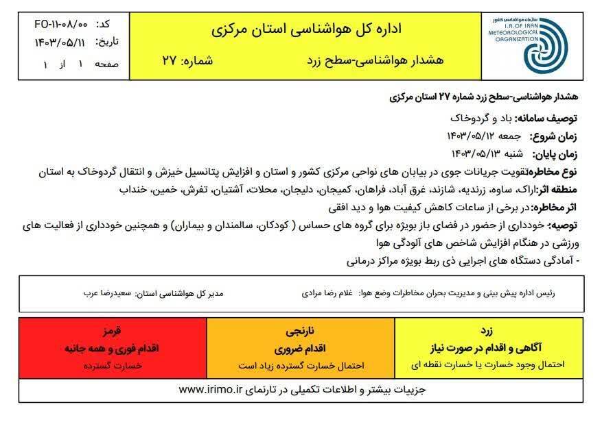 امکان ورود گرد و غبار به استان مرکزی